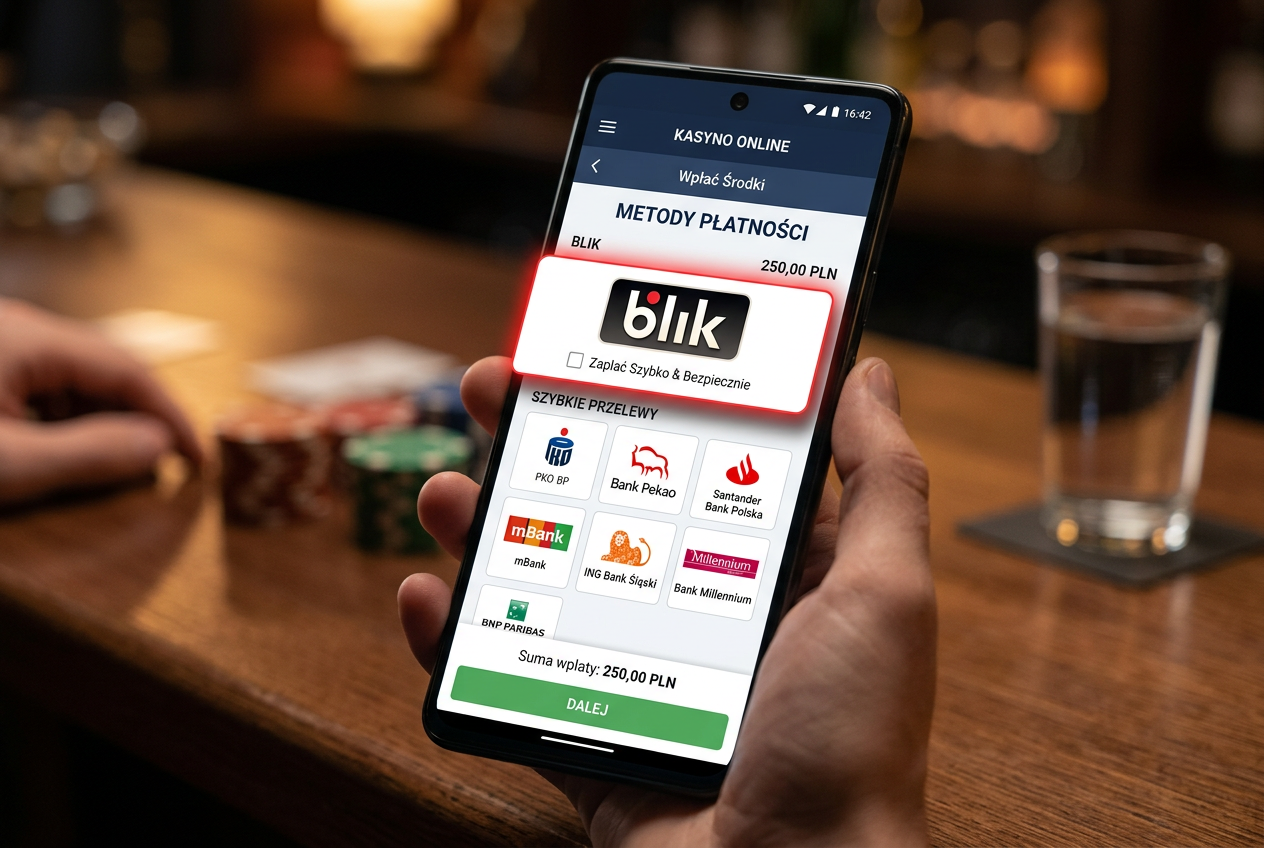 Zrzut ekranu przedstawiający proces wyboru metody płatności BLIK w kasynie mobilnym z widocznymi logo polskich banków.
