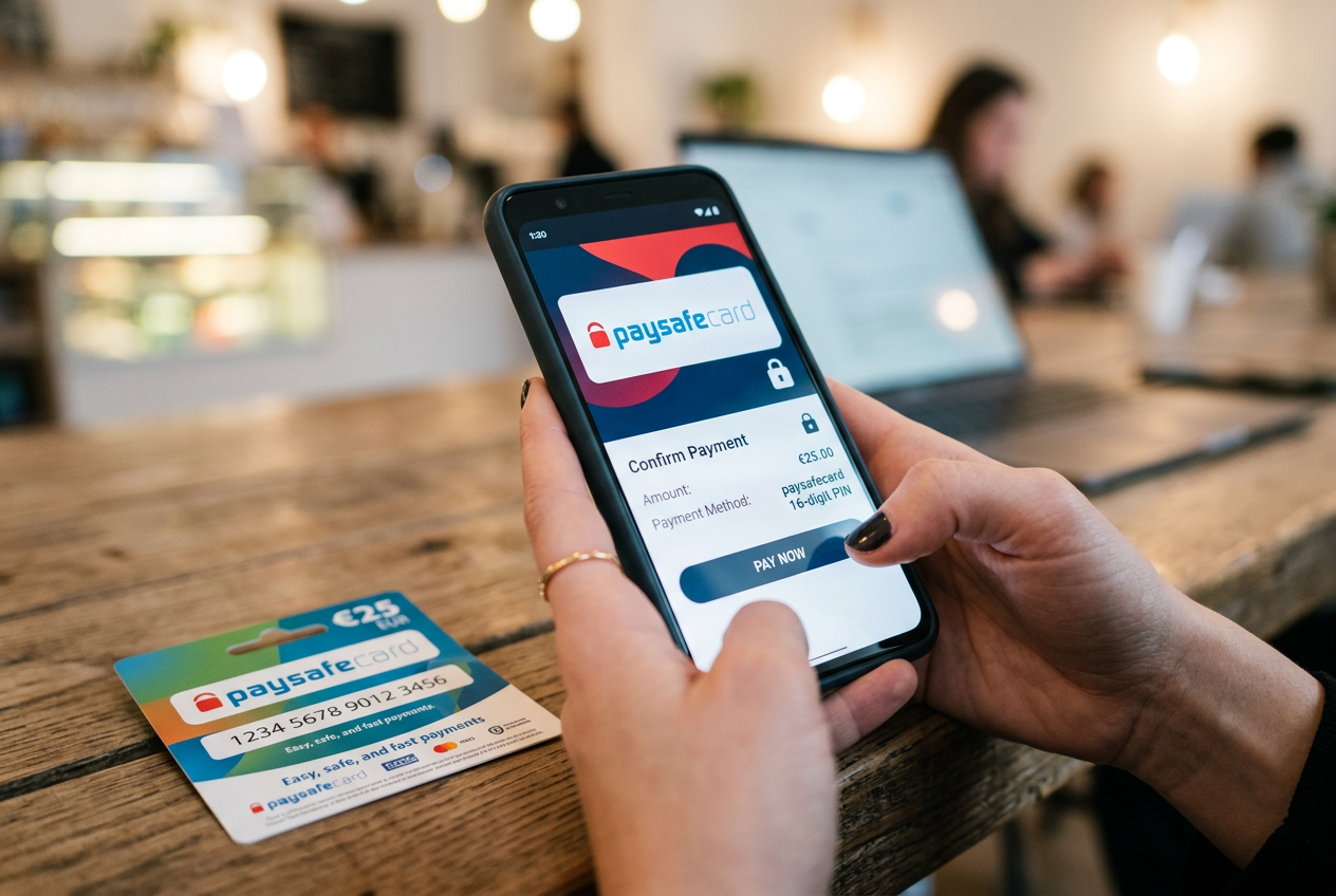 Osoba korzystająca z kodu Paysafecard na smartfonie w celu zasilenia konta w kasynie online