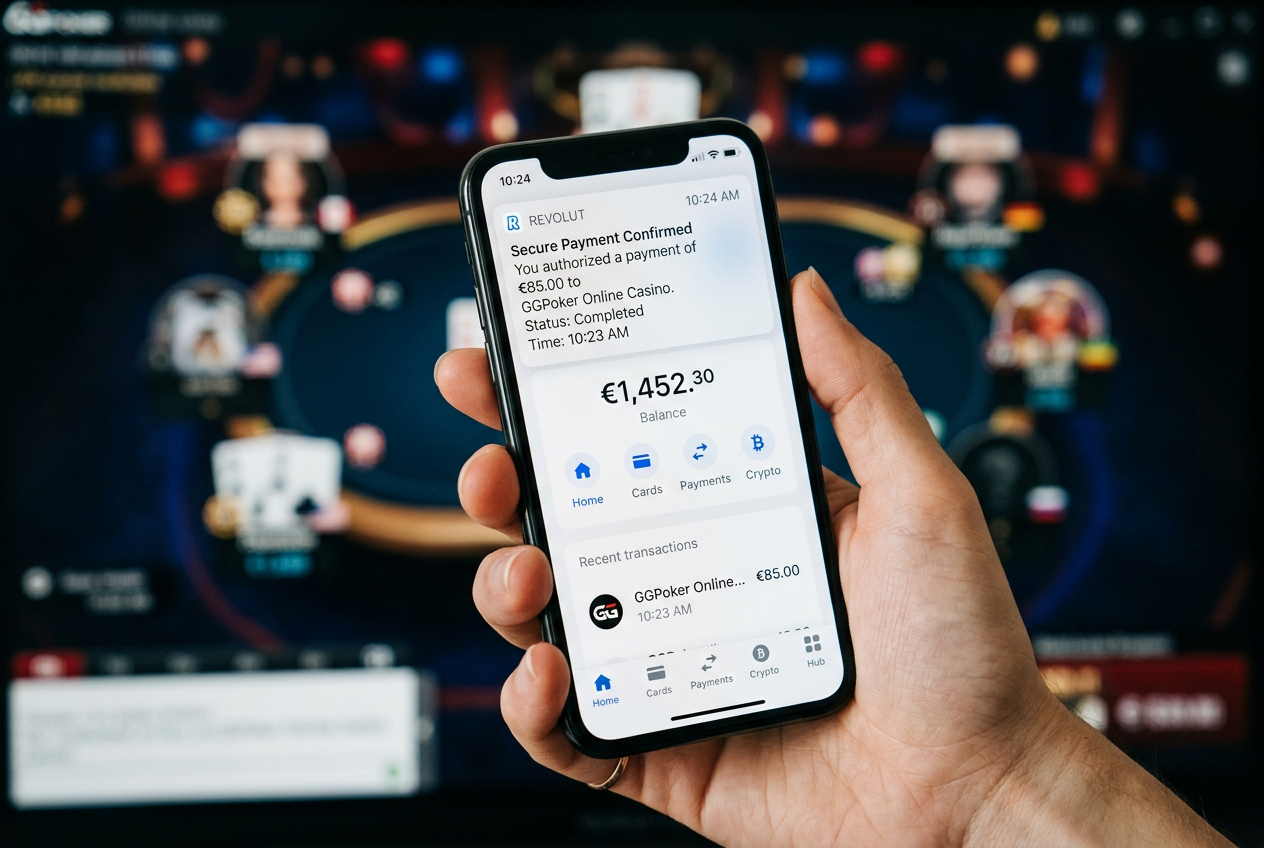 Aplikacja mobilna Revolut wyświetlająca powiadomienie o bezpiecznej płatności do kasyna online