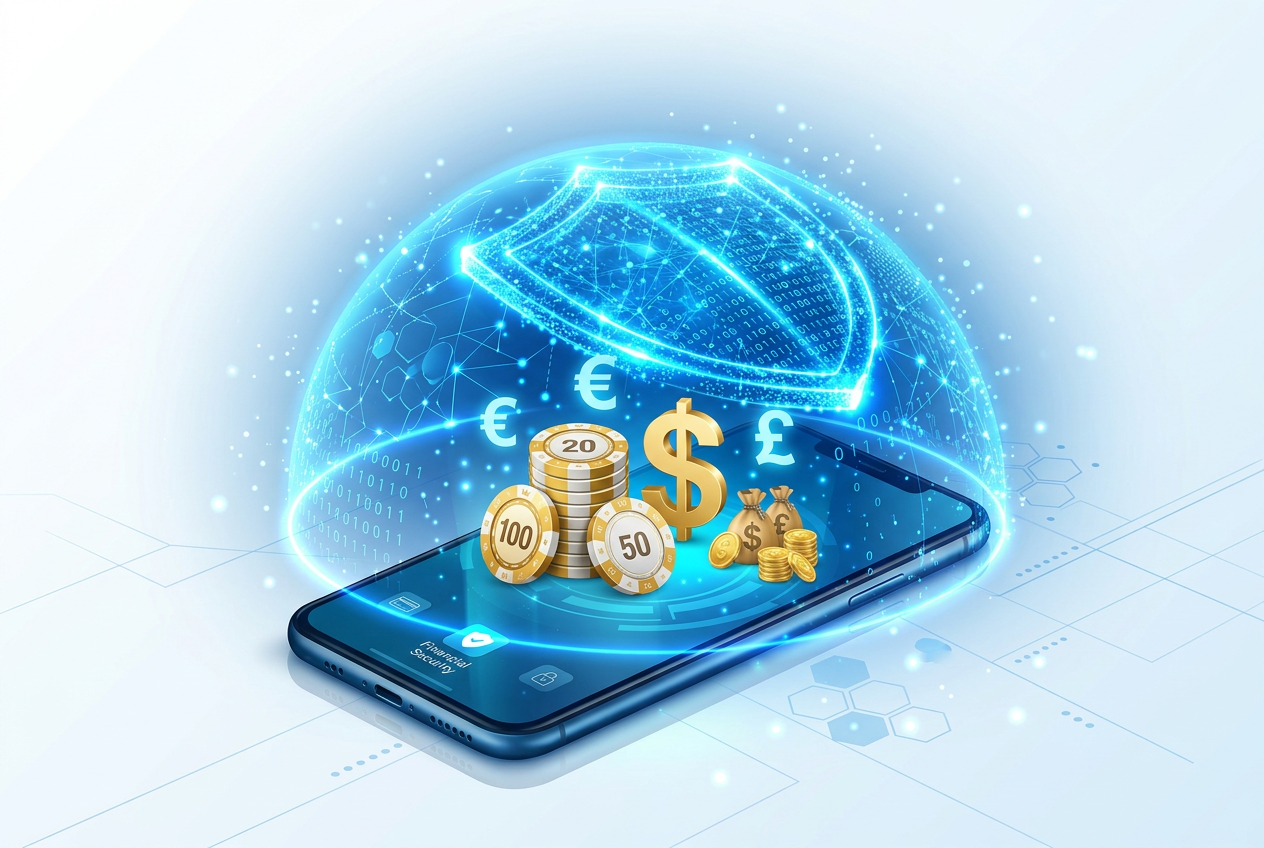 Security shield icon over a mobile phone representing safe mobile casino payments